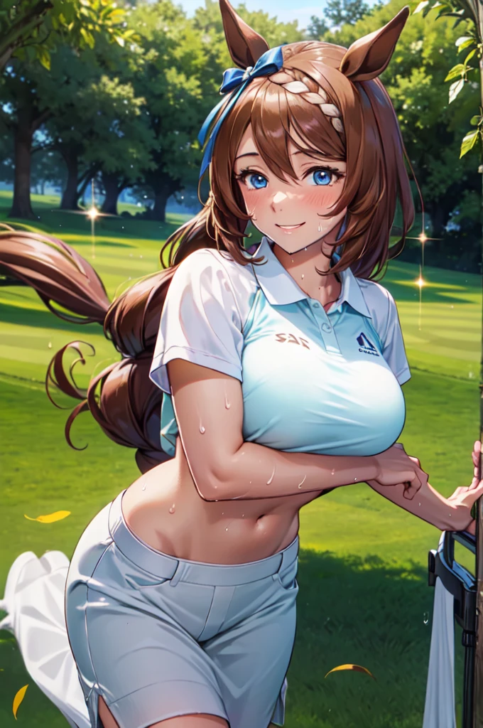 (High quality, High resolution, Fine details), Realistic, super creek \(umamusume\), woman, golf player, garden, green grass,sporty, athletic physique, confident expression, professional golfer, elegant pose, fashionable outfit, sunlight, leaves rustling in the wind, leisurely atmosphere, scenic beauty, summer morning, solo, curvy women, sparkling eyes, (Detailed eyes), (smile), blush, (Sweat), (Oily skin), shallow depth of field