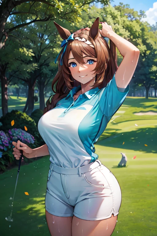 (High quality, High resolution, Fine details), Realistic, super creek \(umamusume\), woman, golf player, garden, green grass,sporty, athletic physique, confident expression, professional golfer, elegant pose, fashionable outfit, sunlight, leaves rustling in the wind, leisurely atmosphere, scenic beauty, summer morning, solo, curvy women, sparkling eyes, (Detailed eyes), (smile), blush, (Sweat), (Oily skin), shallow depth of field