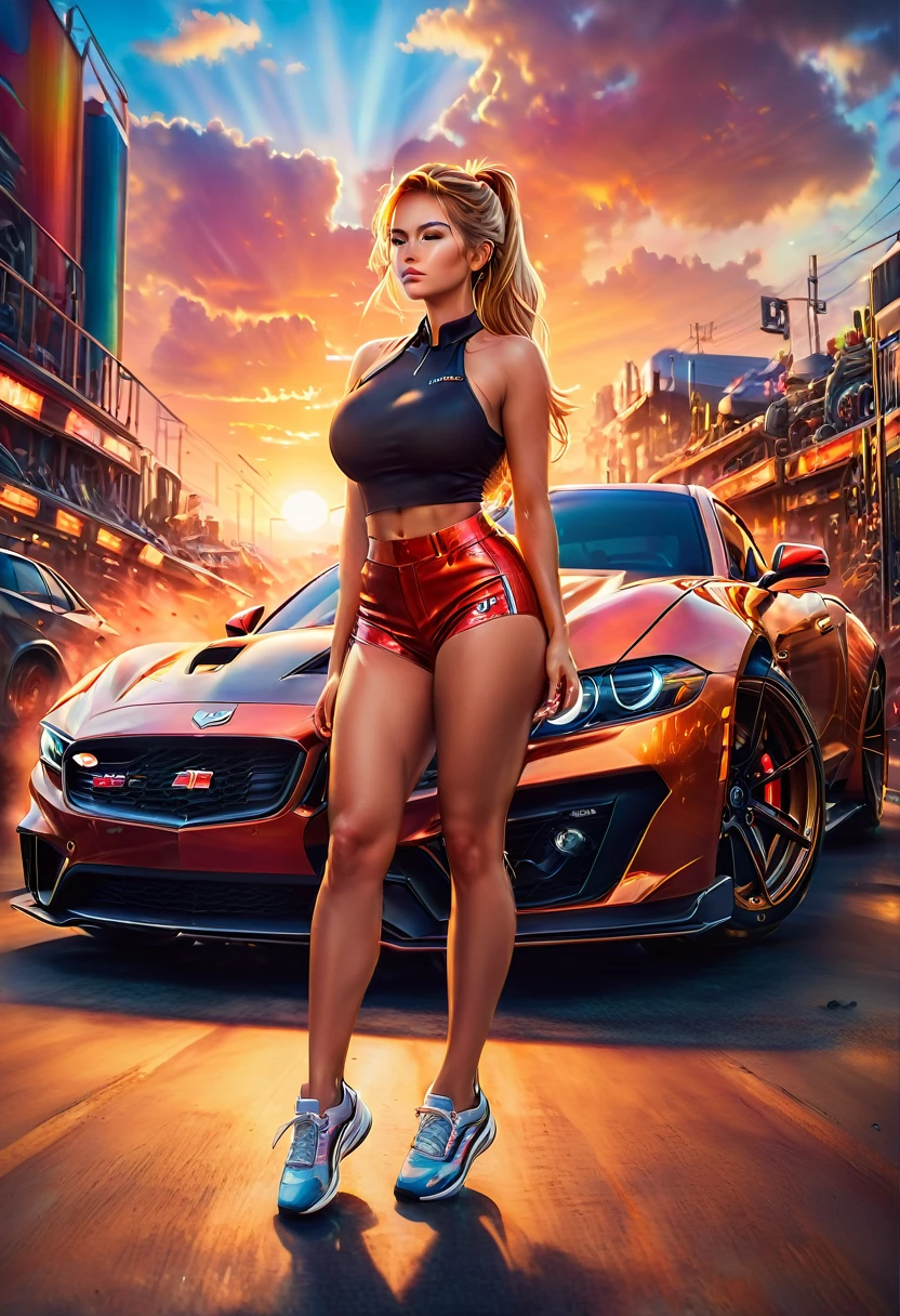 Une jeune femme portant (serré, équipé, confortable) un short à coupe haute et des chemises courtes se situe entre deux (Puissant, lisse) Des Muscle Cars pour démarrer une course, moteur rugissant, dans le contexte d&#39;un coucher de soleil vibrant. (Meilleure qualité, 4k, haute résolution, chef-d&#39;œuvre:1.2), ultra-détaillé, (Réaliste, photoRéaliste, photo-Réaliste:1.37) rapide, avec (HDR, UHD) qualité et (éclairage de studio, netteté), Queue de cheval haute, cheveux blonds cuivrés, gros seins, Lumière brillante, yeux parfaits, défaut de la peau, peau détaillée, personne à part entière



