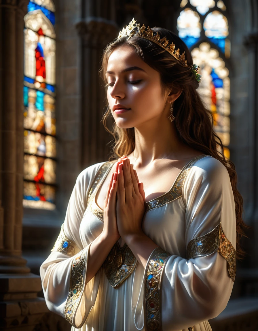 (best quality,4k,8k,highres,masterpiece:1.2),ultra-detailed,(realistic,photorealistic,photo-realistic:1.37),cathedral,girl praying to God,nude,artistic photo,pure beauty,sunlight streaming through stained glass windows,serene expression,innocent and ethereal,breathtaking atmosphere,hushed whispers of devotion,divine connection,transcendent moment,sacredness,dreamlike quality,sublime lighting,architectural magnificence,divine embrace,elaborate sculptures and carvings,heavenly aura,spiritual journey,vibrant colors,dappled light,ethereal glow,heavenly realm,the girl's graceful curves highlighted by the sunlight,female form celebrated as art,prayerful solitude,peaceful serenity,spiritual enlightenment,unspoken desires,touch of vulnerability,celestial ethereality,magical realism,exquisite details,poetic composition