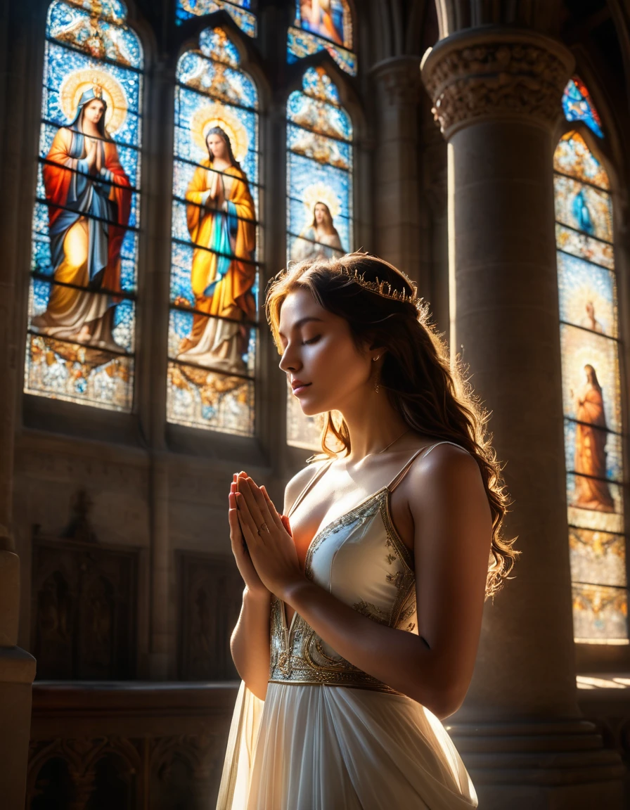 (best quality,4k,8k,highres,masterpiece:1.2),ultra-detailed,(realistic,photorealistic,photo-realistic:1.37),cathedral,girl praying to God,nude,artistic photo,pure beauty,sunlight streaming through stained glass windows,serene expression,innocent and ethereal,breathtaking atmosphere,hushed whispers of devotion,divine connection,transcendent moment,sacredness,dreamlike quality,sublime lighting,architectural magnificence,divine embrace,elaborate sculptures and carvings,heavenly aura,spiritual journey,vibrant colors,dappled light,ethereal glow,heavenly realm,the girl's graceful curves highlighted by the sunlight,female form celebrated as art,prayerful solitude,peaceful serenity,spiritual enlightenment,unspoken desires,touch of vulnerability,celestial ethereality,magical realism,exquisite details,poetic composition