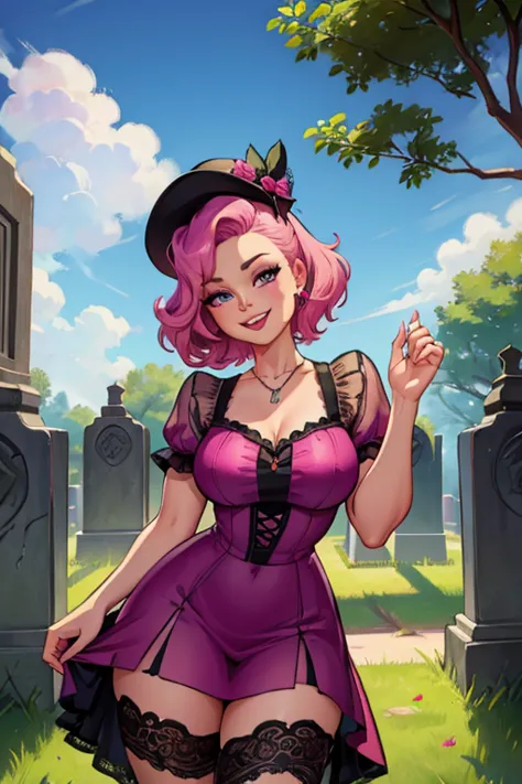 A pink haired woman with violet eyes with an hourglass figure in a lacy rockabilly dress is posing in the cemetery with a big sm...
