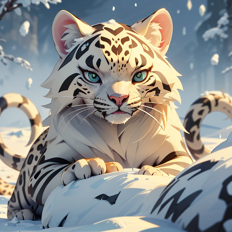 (highest quality、High resolution)、(Portraiture、wild animals)、(Fur with attention to detail、Sharp focus、Genuine)、(Bright lighting)、(Bright colors)、(Snow Background)、(Majestic、 Confident pose）、snow leopard