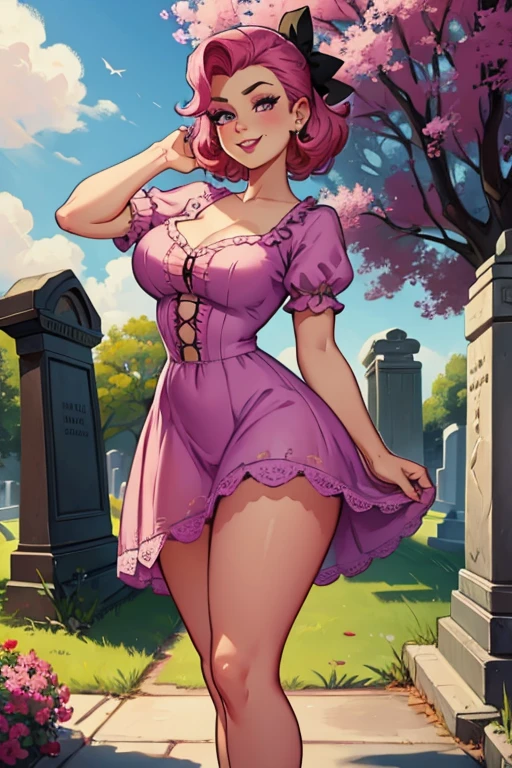 A pink haired woman with violet eyes with an hourglass figure in a lacy rockabilly dress is posing in the cemetery with a big smile
