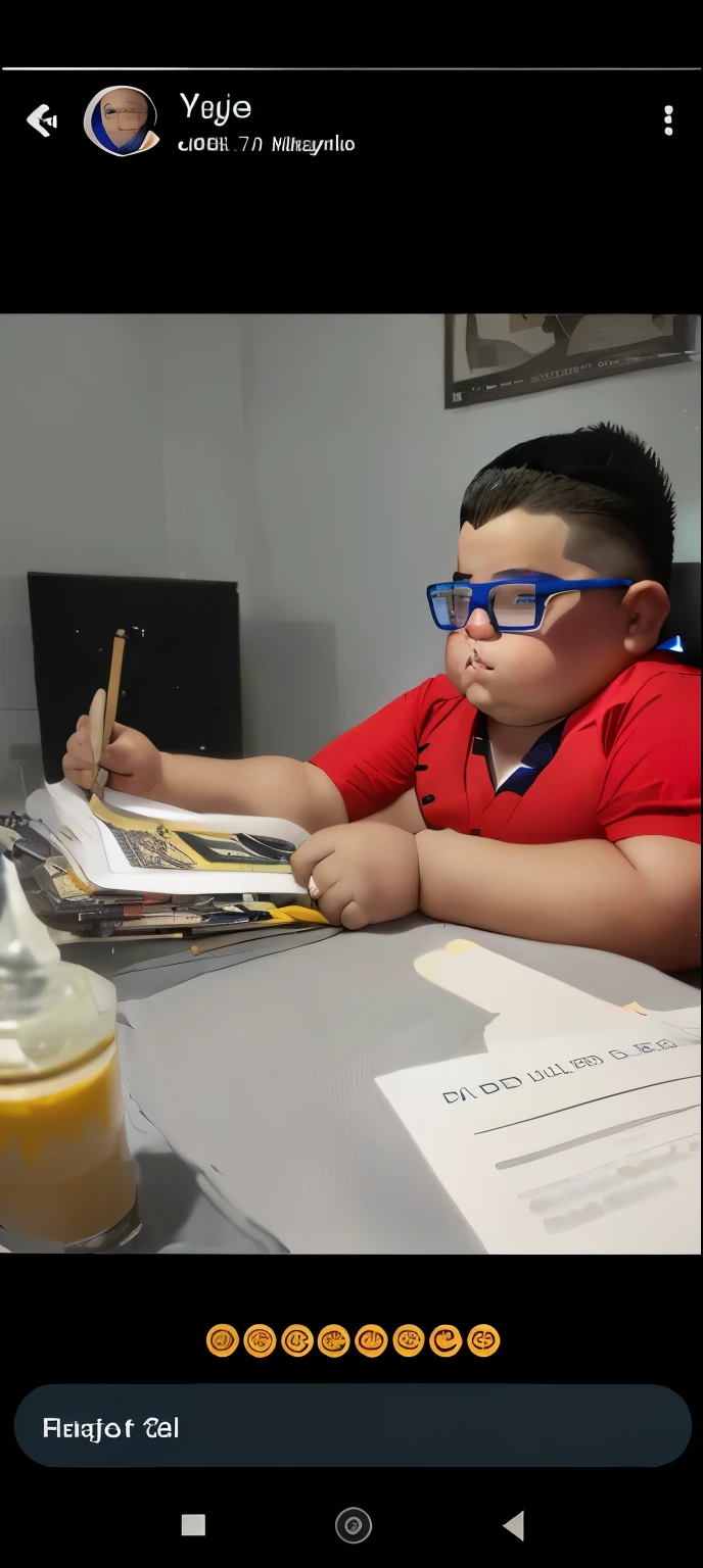 create an avatar of a fat boy with monkey hair, color de piel blanco, con gafas azules y traje de doctor, 6 years old full body