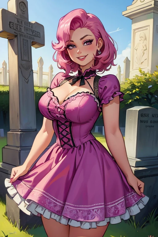 Une femme aux cheveux roses aux yeux violets avec une silhouette en sablier dans une robe rockabilly en dentelle pose dans le cimetière avec un grand sourire
