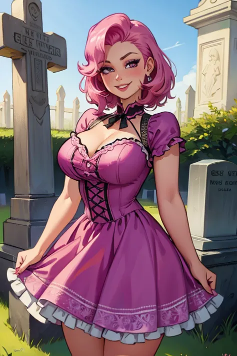 A pink haired woman with violet eyes with an hourglass figure in a lacy rockabilly dress is posing in the cemetery with a big sm...