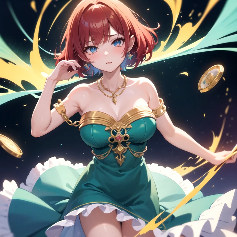 masterpiece, best quality, 1girl, medium red-scarlet-crimsor hair color ,vetage hair cut style ,blue-green mixed sharp anime eyes color and style ,tears drop stric in eyes,crystal blue -cyan colored ear-rings on both ears , necklace with golde made ,wearing white strapless dress ,sleevless ,puts her hand together as she praying , ,black as cosmo background ,brights coins falling from skies in golden color ,4K pic ,high details ,