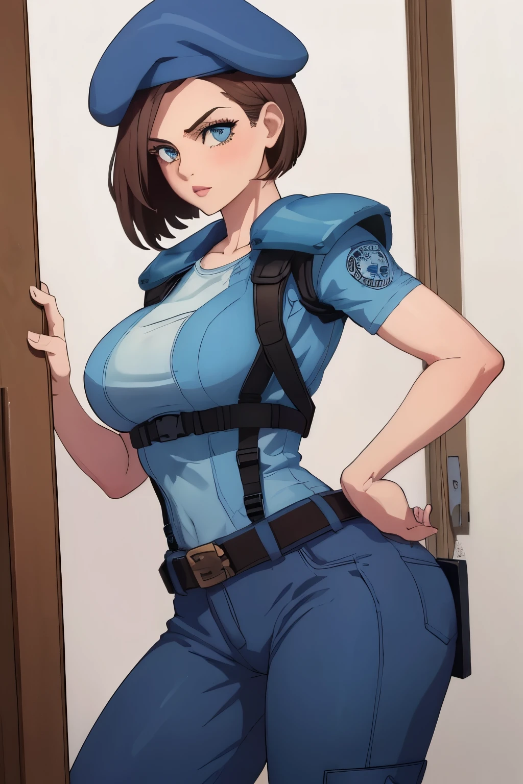 A woman in a uniform is standing by a door - SeaArt AI