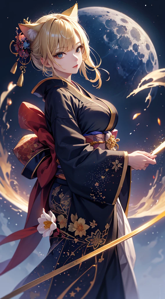 masterpiece, high quality, 4K, Beautiful design, silhouette，blonde， 非常に詳細な夜のStarry Sky,Flower Field， wonderful, Finer details,  Very knowledgeable woman, Highly detailed solo, 1 female,Cat ear，Big Breasts，kimono，Night view，Starry Sky，full moon，