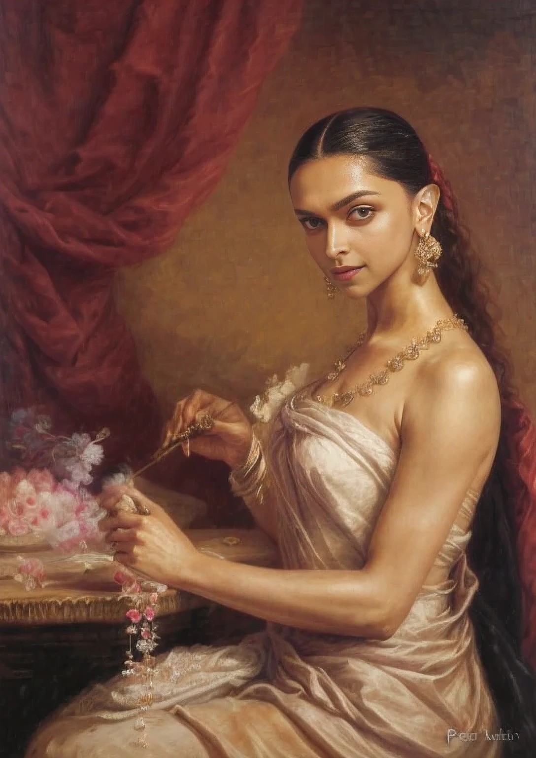 ((Deepika Padukone as Lady Making A Garland)), Masterpiece, Best quality, high clarity eyes, beautifully styled hair, critically flawless,sharp picture, detailed side , detailed skin, skin pores, Full portrait, High pixels, perfect face, perfect eyes, beautiful face, perfect hands,perfect fingers, in Peter Paul Rubens style, by Peter Paul Rubens, baroque style, acrylic on canvas, highly detailed, description: "Create a nymph inspired by the tales of Greek or Roman mythology, embodying the essence of a natural element or location, and possessing a unique ability or trait that sets her apart." 4k UHD, 