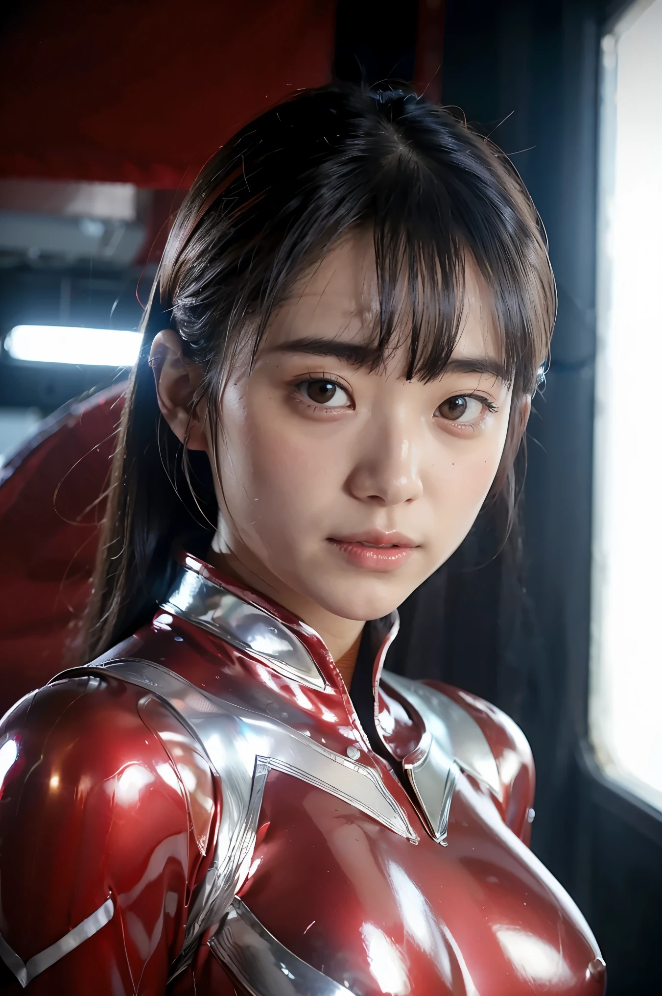 Ultraman、realistisch、realistisch、filmische Beleuchtung, Mädchen in einem glänzenden rot-silbernen Anzug、15 Jahre alt、professionelle Fotos、Don&#39;Setzen Sie Ihre Haut nicht dem direkten Sonnenlicht aus., japanisches Modell, japanische cgi、Ultraman-Anzug、, Power Rangers Anzug、enger und dünner Cyber-Anzug,Der ganze Körper ist gummiartig、Dort&#39;s pink Dort、 zarter Körper, große Brüste、kleiner Arsch、Dünne Oberschenkel、Dünne Arme、dünne Taille、Kamelzehe、Beide Seiten des Cyber-Anzugs haften auf der Haut、große Augen、schwarze kurze Haare、nach vorne gerichtet、nach vorne gerichtet立っている、In der Brust ist eine leuchtende Kugel eingelassen.、Aufsatzprüfung、 blauer himmel hintergrund