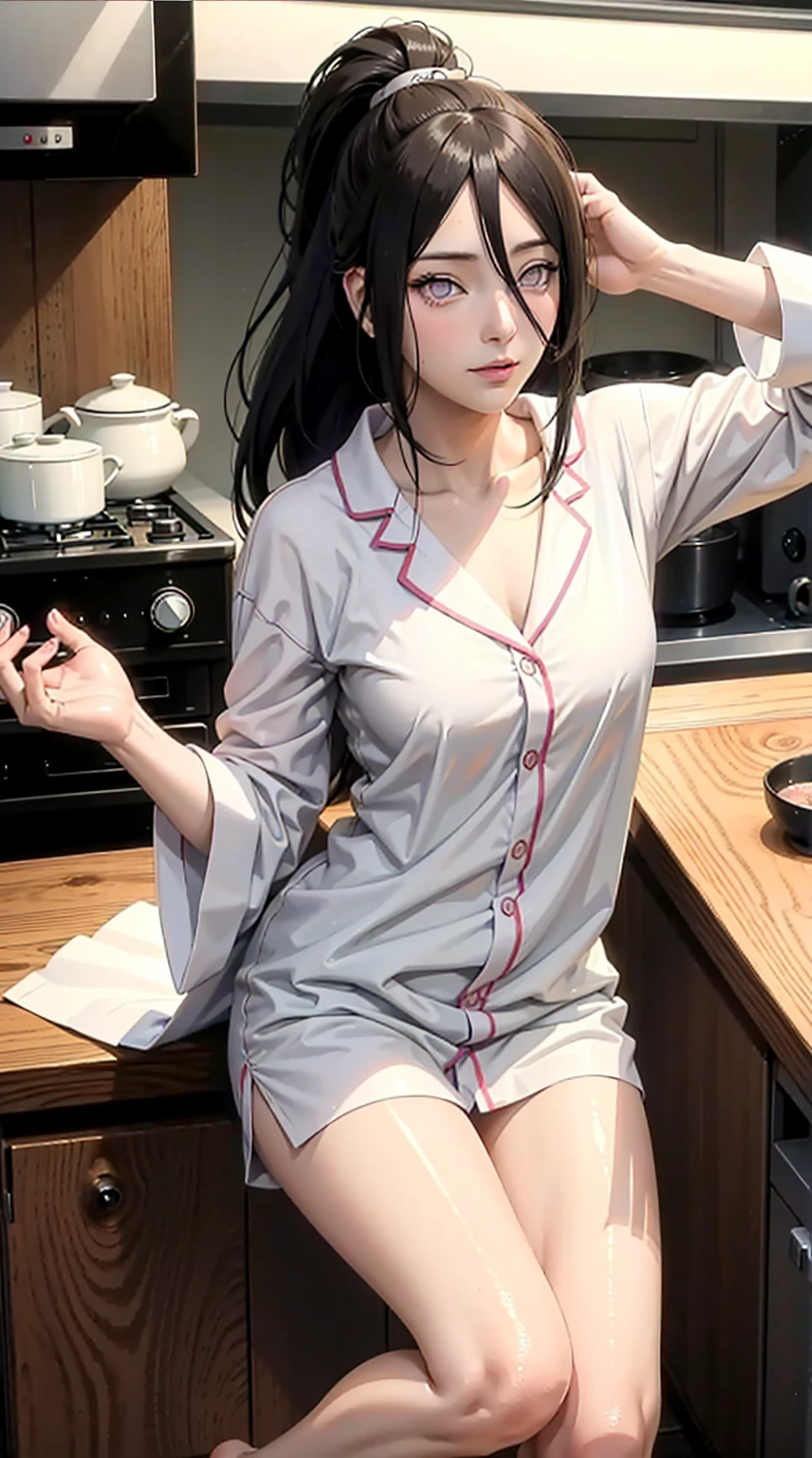 Hyuuga Hanabi, lange Haare tief zusammengebunden, Haarband, Hana lila Augen, Schön, Schön woman, perfekter Körper, perfekte Brüste, wearing white Pyjama, Pyjama, Nachtwäsche, in der Küche sitzen, klare Küche, Blick ins Publikum, Ein leichtes Lächeln, Realismus, Meisterwerk , Strukturiertes Leder, Super Detail, Hohe Detailliertheit, gute Qualität, beste Qualität, 1080P, 16k