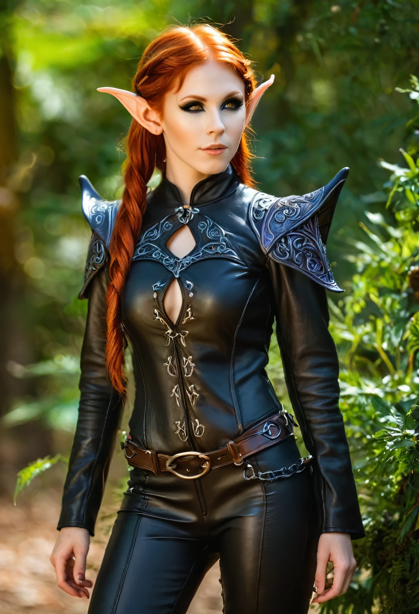 female redhead elf with beautiful elf ears, leather clothes, (insanely detailed:1.5), extremely detailed face and eyes, (black eyeliner:1.4), full body photograph, (:1.4), highly detailed skin, 