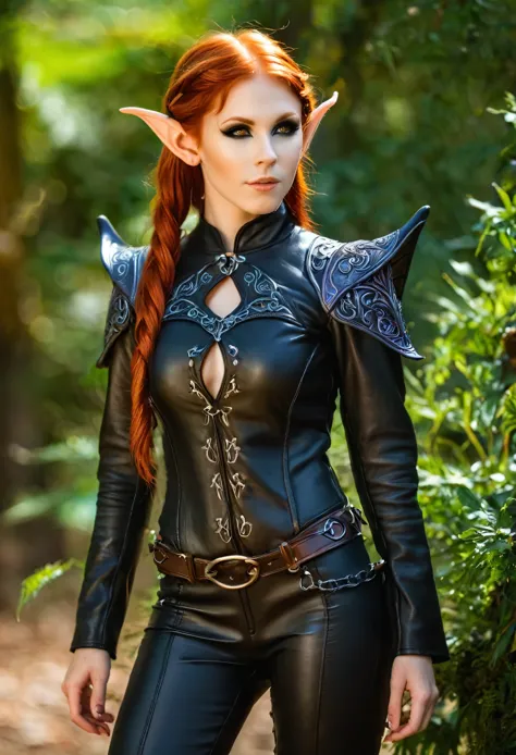 female redhead elf with beautiful elf ears, leather clothes, (insanely detailed:1.5), extremely detailed face and eyes, (black e...