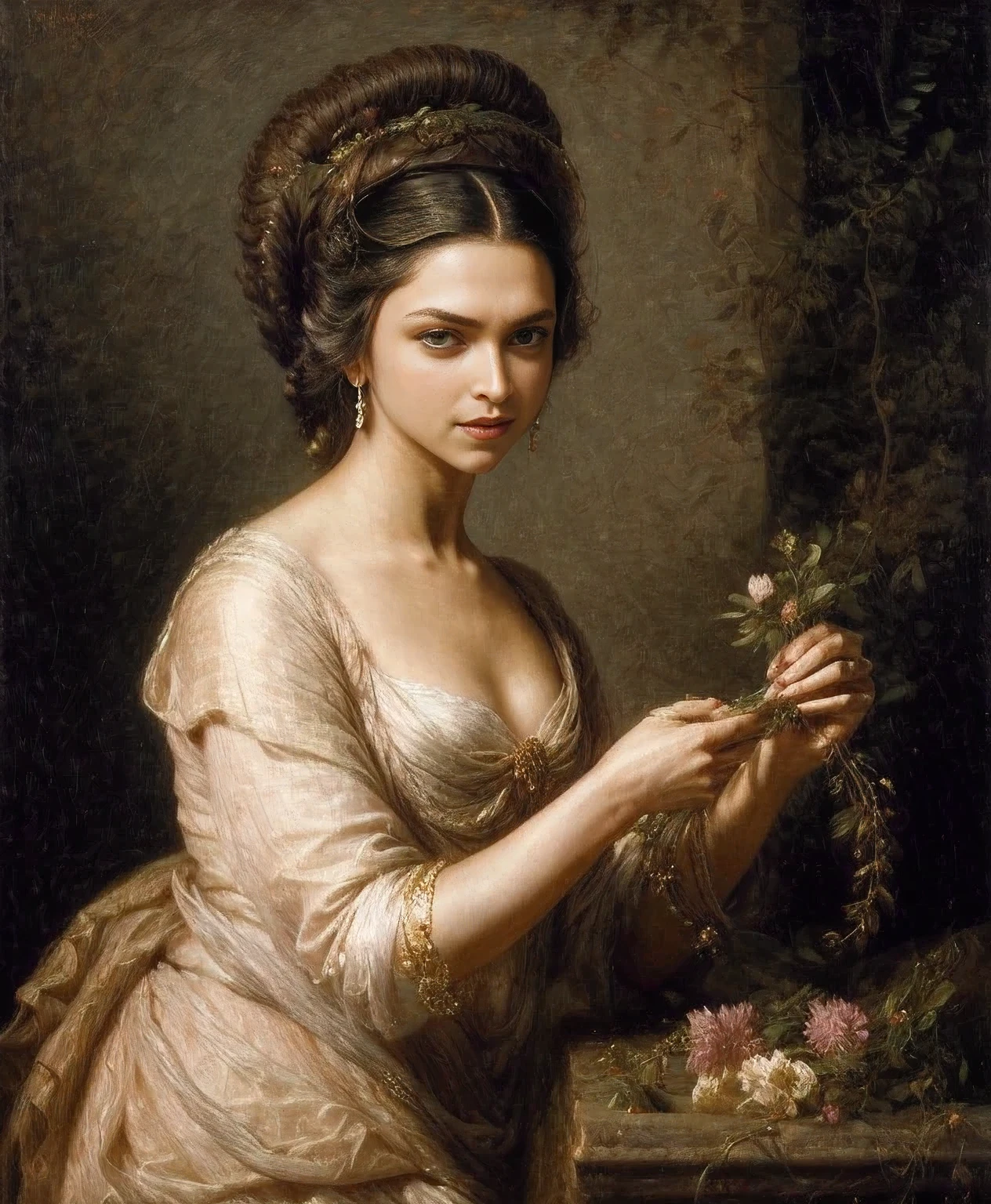 ((Deepika Padukone as Lady Making A Garland)), Masterpiece, Best quality, high clarity eyes, beautifully styled hair, critically flawless,sharp picture, detailed side , detailed skin, skin pores, Full portrait, High pixels, perfect face, perfect eyes, beautiful face, perfect hands,perfect fingers, in Peter Paul Rubens style, by Peter Paul Rubens, baroque style, acrylic on canvas, highly detailed, description: "Create a nymph inspired by the tales of Greek or Roman mythology, embodying the essence of a natural element or location, and possessing a unique ability or trait that sets her apart." 4k UHD, 