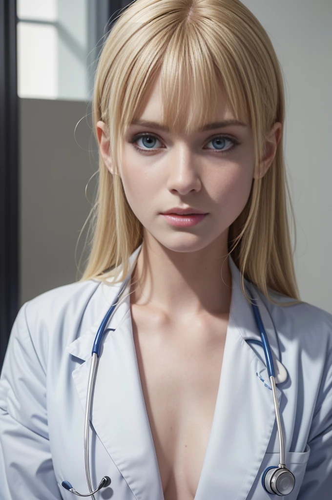 Masterpiece, best quality, extremely detailed, hyperrealistic, photorealistic, a beautiful 20 years old french model, (doctor, hospital, doctor uniform:1.1), ultra detailed face, with bangs, blonde hair, pale skin, 16K, ultra high res.photorealistic, UHD, RAW, DSLR