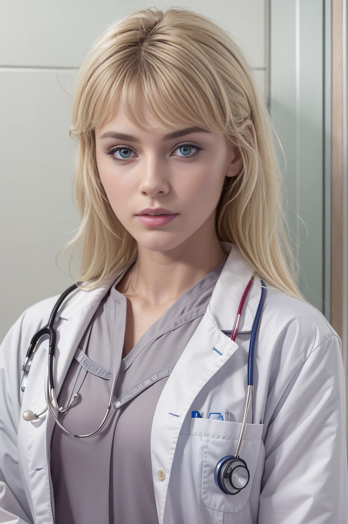 Masterpiece, best quality, extremely detailed, hyperrealistic, photorealistic, a half body shot of a beautiful 20 years old french model, (doctor, hospital, doctor uniform:1.1), ultra detailed face, with bangs, blonde hair, pale skin, 16K, ultra high res.photorealistic, UHD, RAW, DSLR