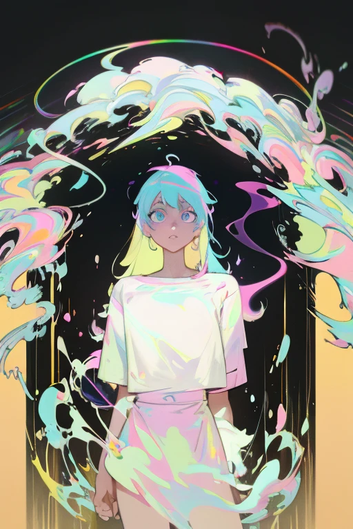 soft pastel colors, cartoon style illustration of a woman as she sees the world while experiencing hallucinations, stoned, splash art, splashed pastel colors, (soft iridiscent glowy smoke) motion effects, best quality, wallpaper art, UHD, centered image, MSchiffer art, ((flat colors)), (cel-shading style) very vibrant neon colors, ((low saturation)) ink lines, iridiscent,