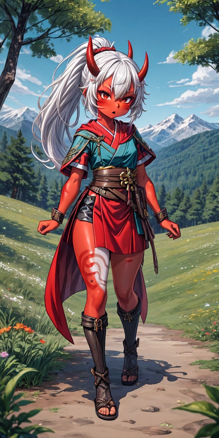 1 girl, (((oni girl))), (((red skin))), horns, white hair, ponytail, (((adventurer outfit))), explorer, researcher, fascinated expression, full body portrait, outside, forest, mountains, butterflies, flowery meadow