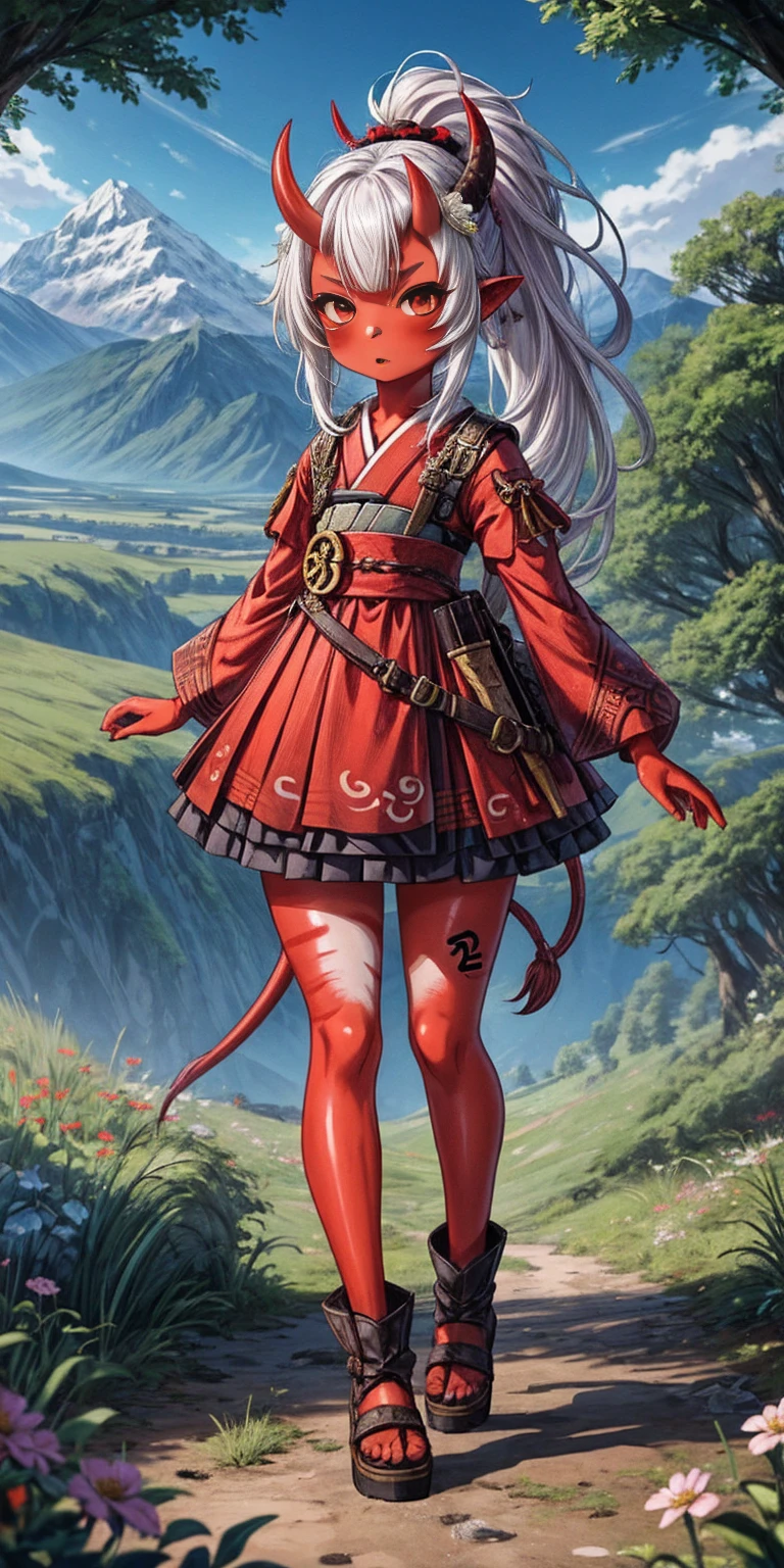 1 girl, (((oni girl))), (((red skin))), horns, white hair, ponytail, (((adventurer outfit))), explorer, researcher, fascinated expression, full body portrait, outside, forest, mountains, butterflies, flowery meadow