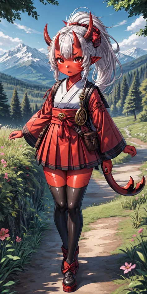 1 girl, (((oni girl))), (((red skin))), horns, white hair, ponytail, (((adventurer outfit))), explorer, researcher, fascinated e...