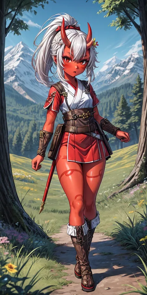 1 girl, (((oni girl))), (((red skin))), horns, white hair, ponytail, (((adventurer outfit))), explorer, researcher, fascinated e...