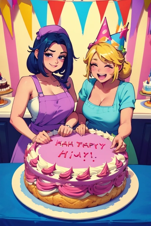 two cute bakers finishing work on a majestic birthday cake, detailed, creamy, colorful sprinkles, happy birthday in blue sayings, fun, excited scene, smiles of satisfaction, HD quality,