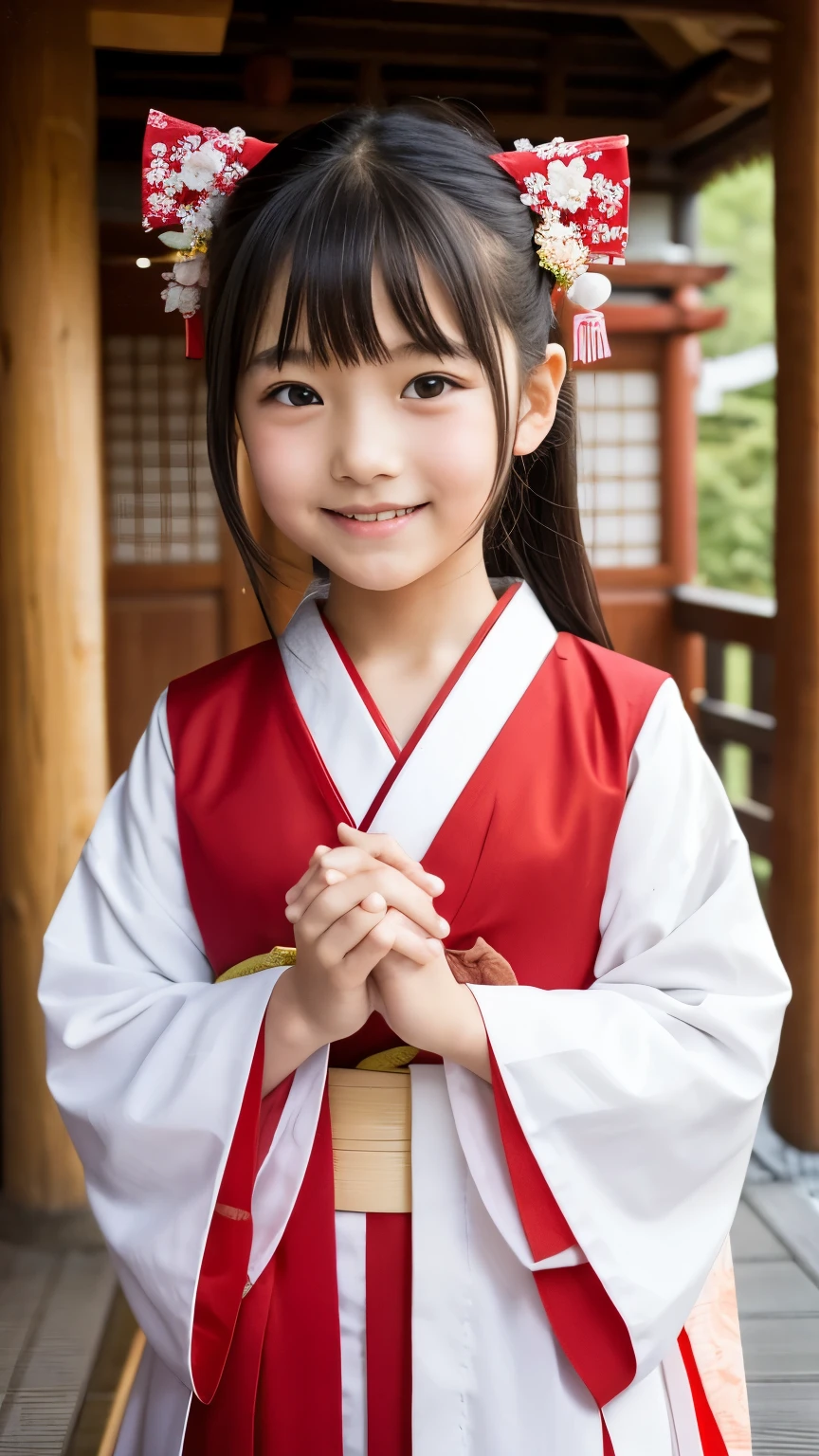 かわいい ８ 歳の日本人の女の子, 巫女, 笑顔, 日本の伝統衣装を着て, 胸の前で手を組んだ, 神秘的な雰囲気