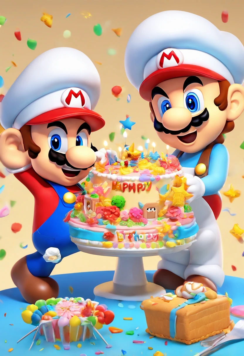 two cute bakers finishing work on a majestic birthday cake, detailed, creamy, colorful sprinkles, happy birthday in blue sayings, fun, excited scene, smiles of satisfaction, HD quality,