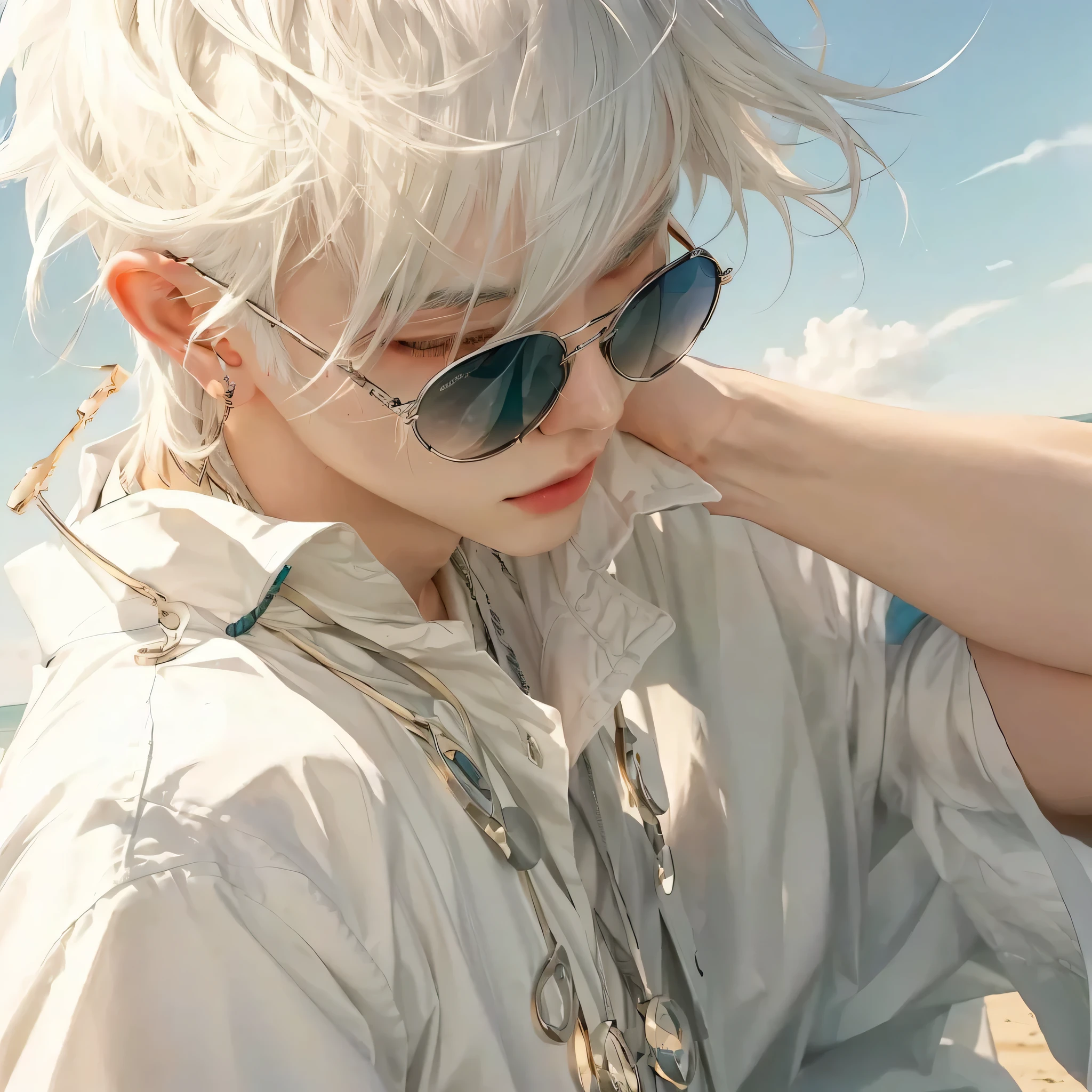 boy with white hair and sunglasses on a beach, artwork in the style of guweiz,