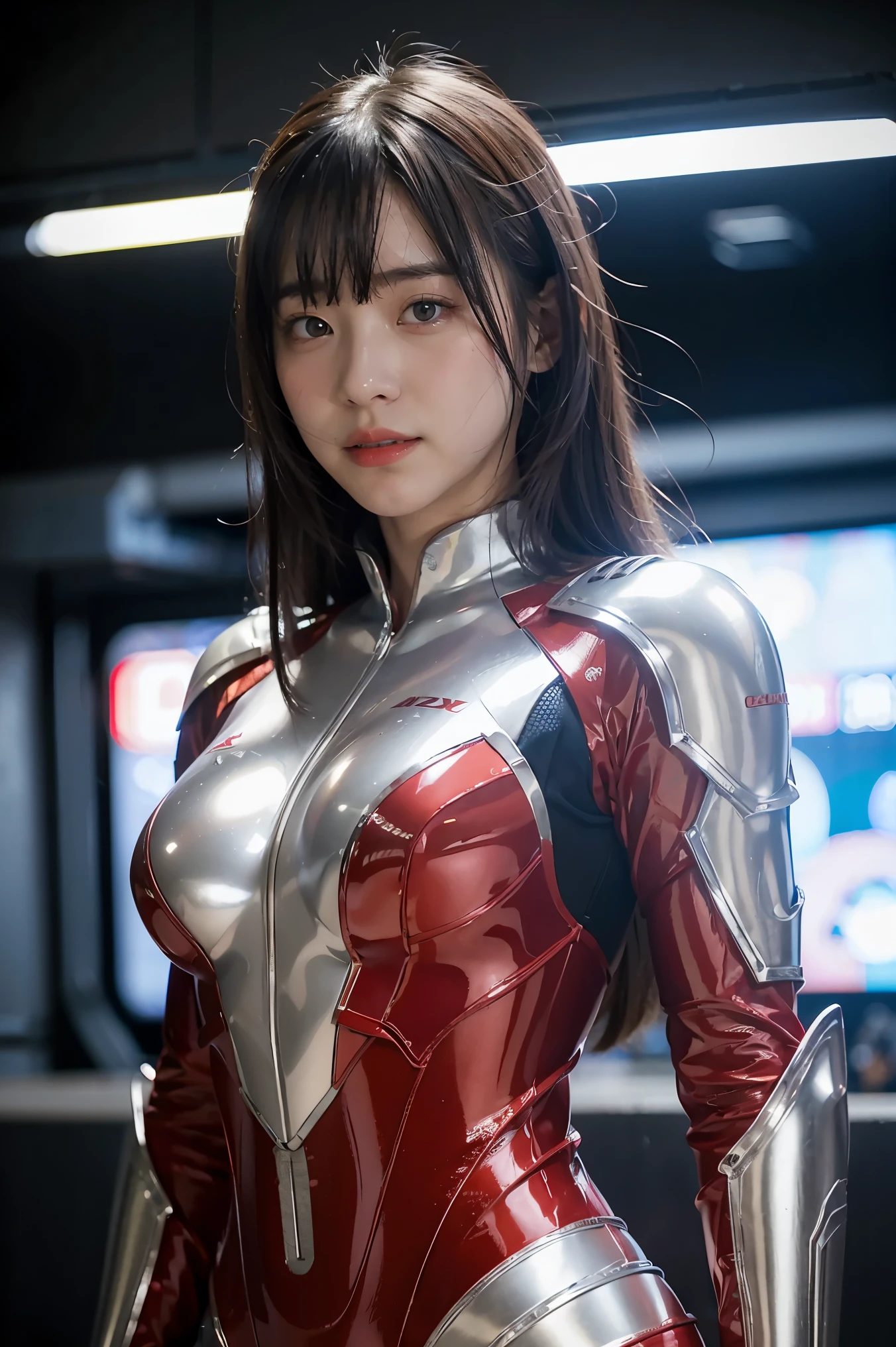 Ultraman、realistic、realistic、cinematic lighting, Girl in a shiny red and silver suit、、professional photos、Don&#39;Do not expose your skin, japanese model, japanese cgi、Ultraman Suit、, Power Rangers Suit、tight and thin cyber suit,Whole body rubbery、There&#39;s pink There、 delicate body, big breasts、small ass、thin thighs、thin arms、thin waist、camel toe、Both sides of the cyber suit stick to the skin、Big eyes、black short hair、facing the front、facing the front立っている、A glowing sphere is embedded in the chest.、Essay Examination、 blue sky background