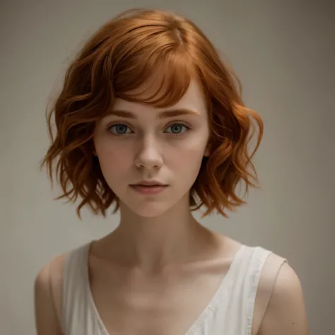  European woman with short wavy ginger hair, Sophia Lillis, portrait photo,