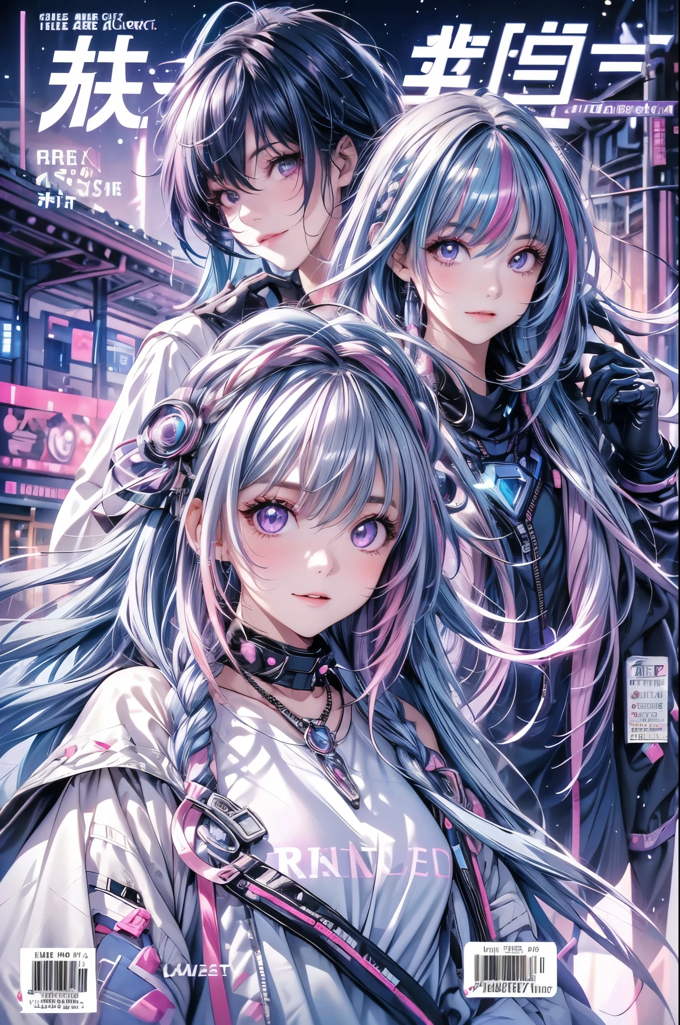 1 girl, 20 year old girl, one person, (Silver blue hair streaked pink purple:1.4), (Gradient sky blue hair ends:1.6), hair strand, absurdly long hair, single sidelock, wavy hair, shiny hair, floating hair, (Illusion deep purple eyes), delicate eyes, aqua eyes, super high detailed eyes, long upper eyelashes, ((glowing eyes)), makeup, Focus on face, Very detailed facial, Pretty Face, Perfect breasts, hot body, (Delicate skin texture:1.2), break, White extra long skirt, Fashion Clothing, necklace, Technical clothing masterpiece, on the street, looking at the starry night sky, meteor, cyberpunk, detailed background, perfect layer cut, clean focus, (magazine:1.3), (cover-style:1.3), Octane Render, Tyndall effect, lifelike, Dark Studio, Side light, Two-color lighting, realism, chiaroscuro, (glowing light), sparkle, ray tracing, cinematic lighting, Futurism, motion blur, atmospheric perspective, Depth of Field, Bokeh, best quality, UHD, super detail, masterpiece, highres, ccurate, retina, anatomically correct