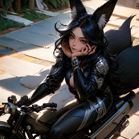 A woman in a motorcycle riding suit with fox ears and a tail