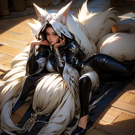 A woman in a motorcycle riding suit with fox ears and a tail