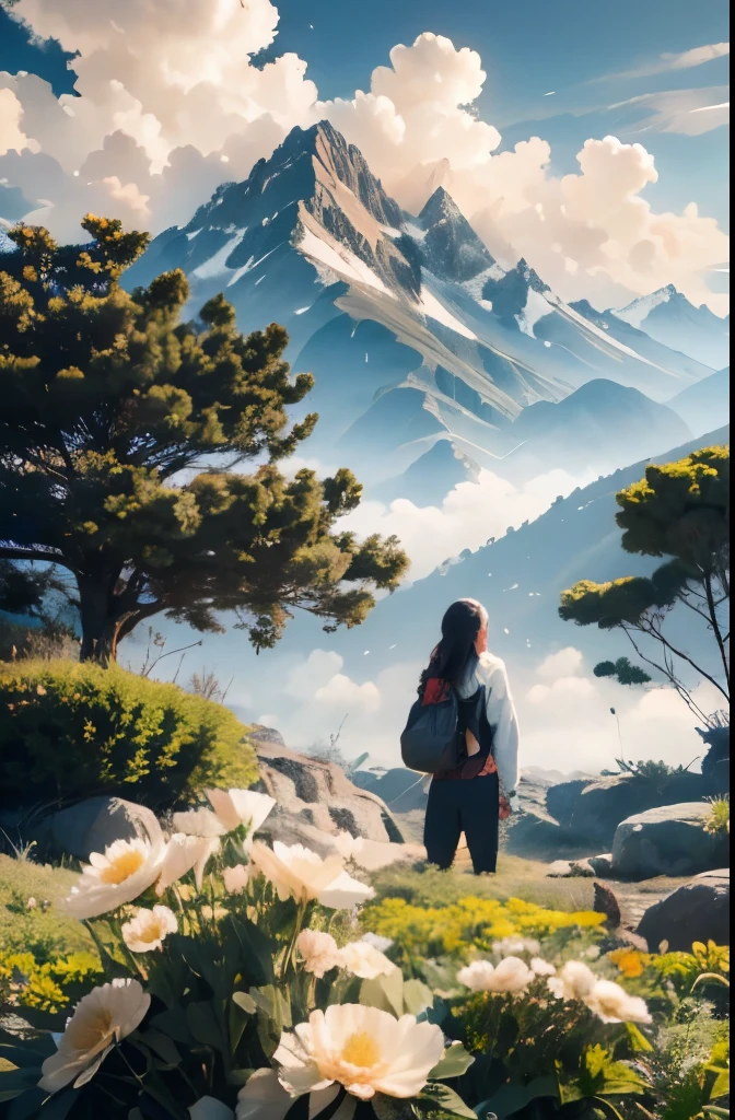 1 girl,flower，Mountains，mist，Back