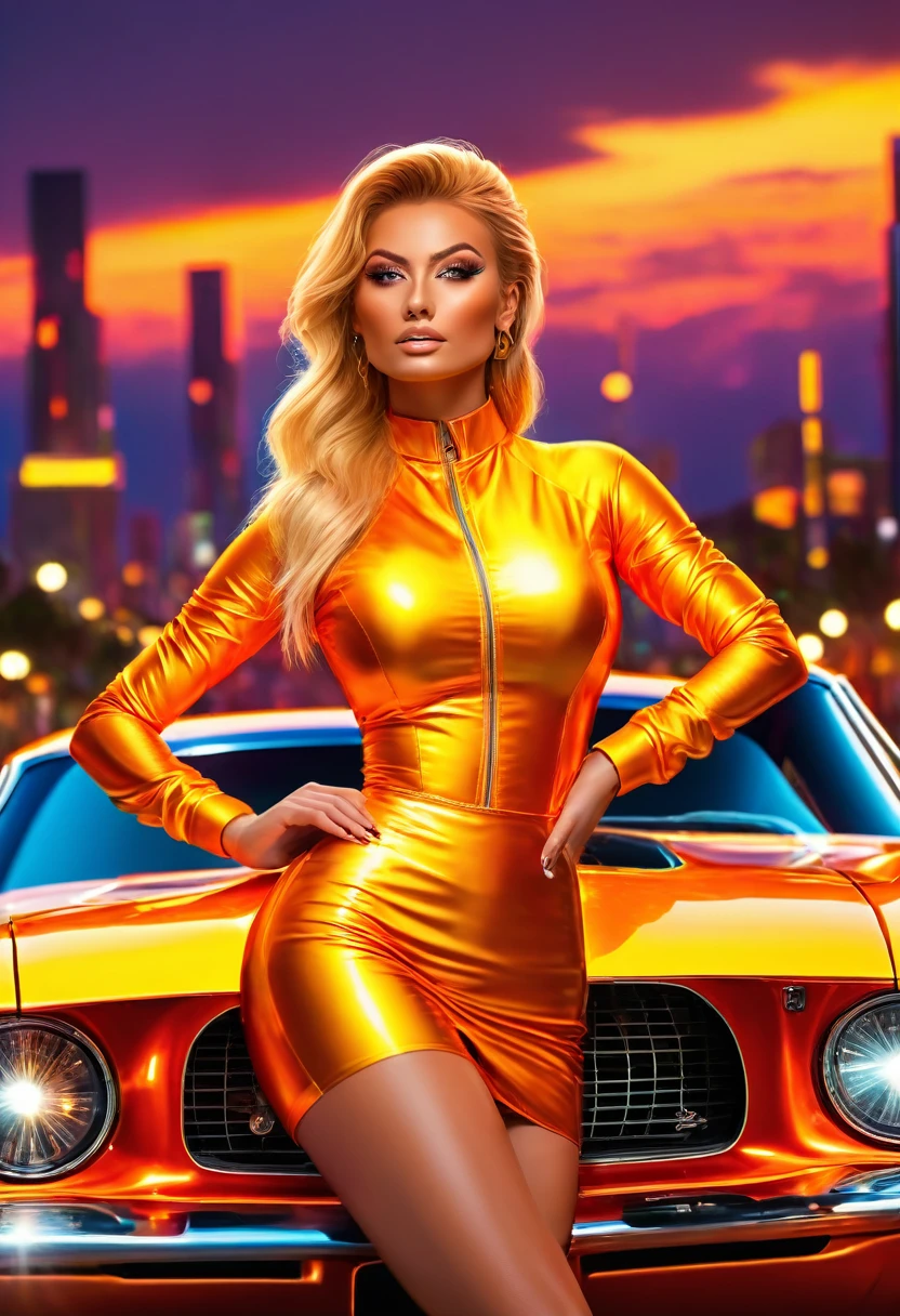 A young woman wearing (tight, fitted, snug) high cut booty shorts and cropped shirts stands between two (powerful, sleek) Muscle Cars to start a race, engine roaring, in the backdrop of a vibrant Sunset. (Best quality, 4k, highres, masterpiece:1.2), ultra-detailed, (realistic, photorealistic, photo-realistic:1.37) prompt, with (HDR, UHD) quality and (studio lighting, sharp focus), high ponytail, copper-blonde hair, large breasts, bright light, perfect eyes, skin blemish, detailed skin, full person, blacklight makeup,ambr1
