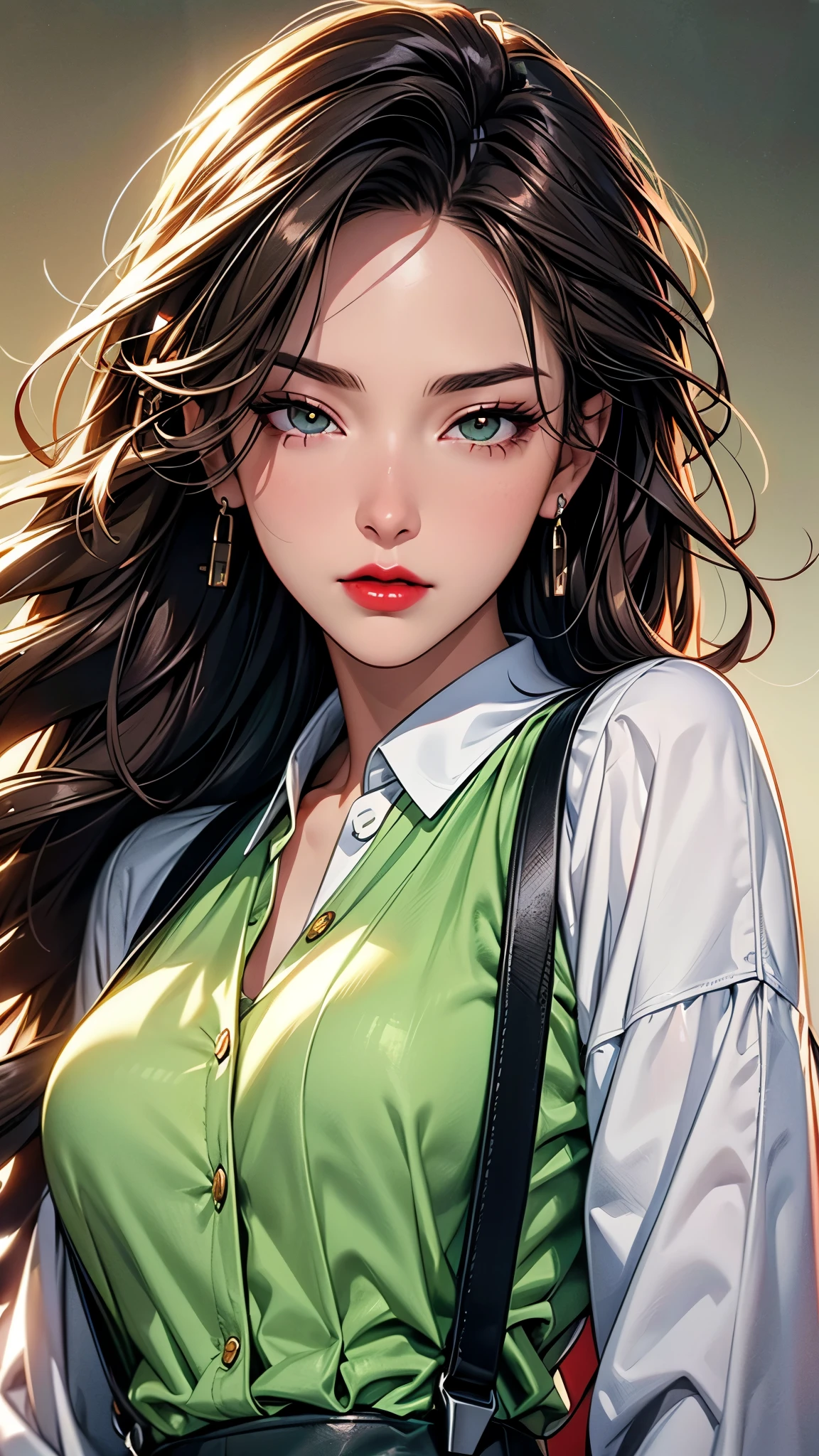 (Best quality at best,8K,A high resolution,tmasterpiece:1.2),Digital artwork, one girl，detailed face，detailed eyes，dark brown hair，long straight hair，glowing green eyes，red lip，Suspenders