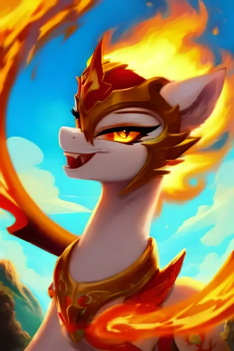 ((big pony)),((pony daybreaker)), evil, (score_9), high detail, evil smile, looking at you, flames, glow,