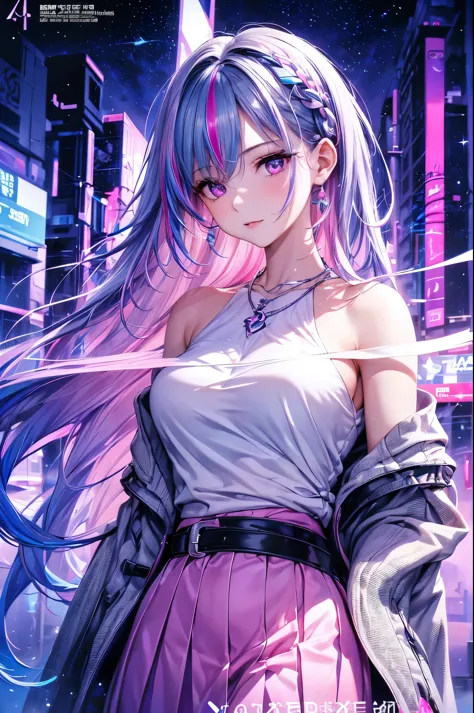1 girl, 20 year old girl, one person, (Silver blue hair streaked pink purple:1.4), (Gradient sky blue hair ends:1.6), hair stran...