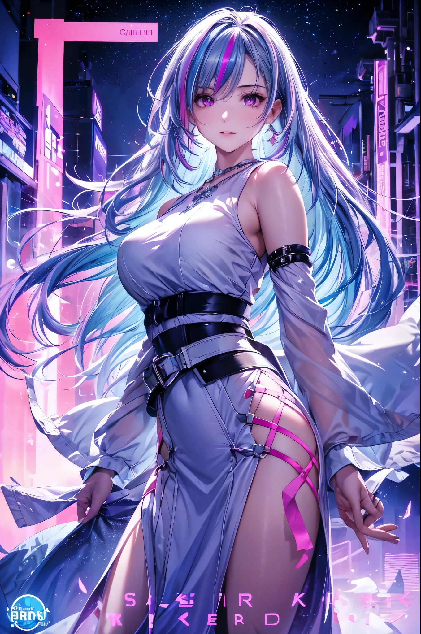 1 girl, 20 year old girl, one person, (Silver blue hair streaked pink purple:1.4), (Gradient sky blue hair ends:1.6), hair strand, absurdly long hair, single sidelock, wavy hair, shiny hair, floating hair, (Illusion deep purple eyes), delicate eyes, aqua eyes, super high detailed eyes, long upper eyelashes, ((glowing eyes)), makeup, Focus on face, Very detailed facial, Pretty Face, Perfect breasts, hot body, (Delicate skin texture:1.2), break, White extra long skirt, Fashion Clothing, necklace, Technical clothing masterpiece, on the street, looking at the starry night sky, meteor, cyberpunk, detailed background, perfect layer cut, clean focus, (magazine:1.3), (cover-style:1.3), Octane Render, Tyndall effect, lifelike, Dark Studio, Side light, Two-color lighting, realism, chiaroscuro, (glowing light), sparkle, ray tracing, cinematic lighting, Futurism, motion blur, atmospheric perspective, Depth of Field, Bokeh, best quality, UHD, super detail, masterpiece, highres, ccurate, retina, anatomically correct