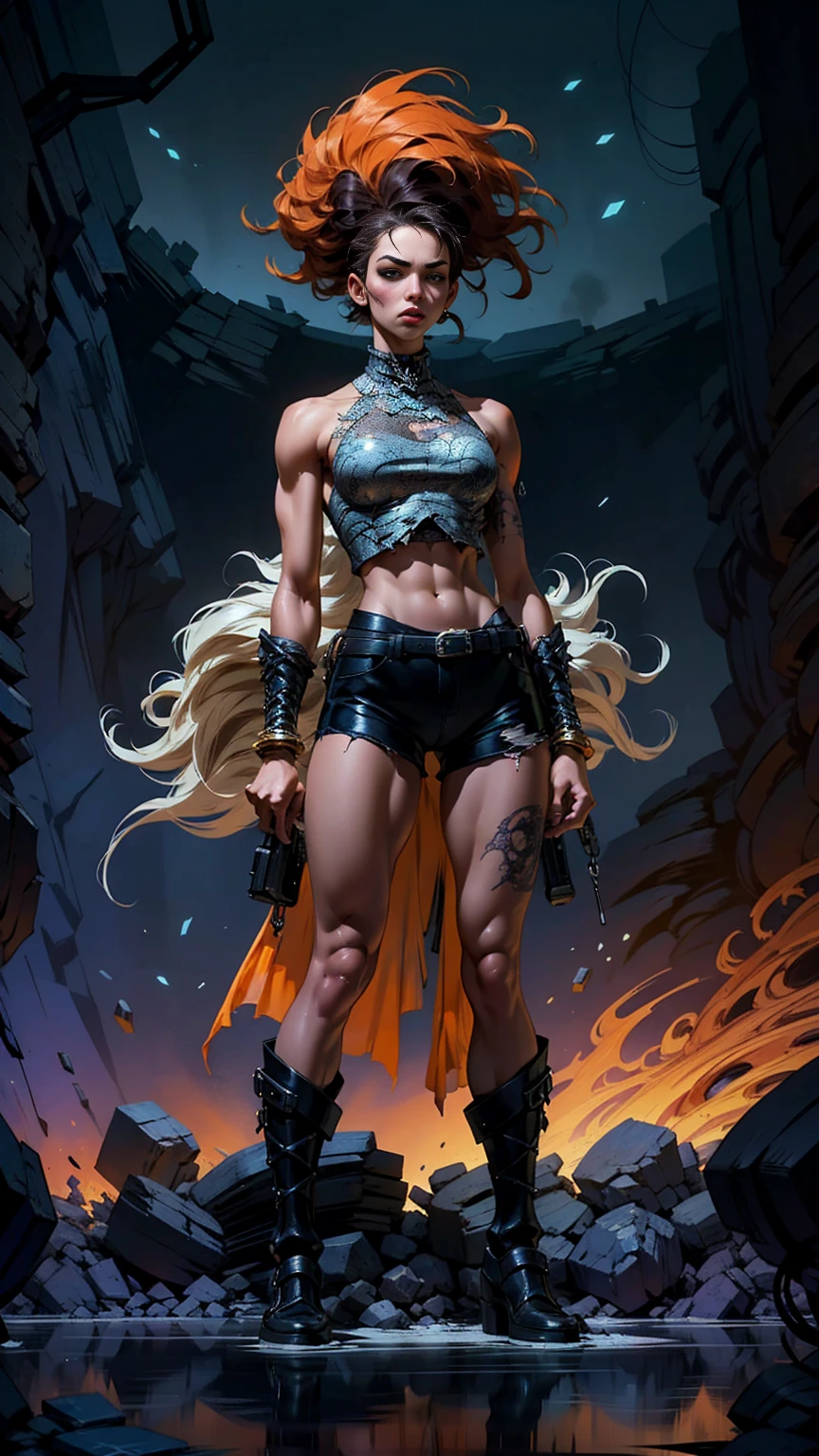 dark and torn, 1 young beautiful muscular body, fierce expression, holding a gun, (colors on her clothes, warm, orange, yellow, violet:1.3), standing on a desolate wasteland, dramatic lighting, intense shadows, sandy texture, tall contrast, vibrant colors, dynamic pose, powerful stance, rugged background, explosive atmosphere, dystopian theme, surreal elements, digitally painted illustration, HD resolution, intricate details, dramatic composition, avant-garde and chaotic brush strokes, gothic style, intense emotions, epic scale, raw and gritty feel, captivating and provocative artwork.