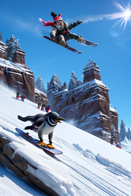 毛皮ファンタジーアニメ, 映画のような, 劇的, 全身, ダイナミックビュー, 中遠角, HD8K品質, かわいいペンギン2羽, スタイリッシュ, ビーニー, 冬用手袋, スキー用のゴーグル, 非常に興奮, 雪崩が発生している氷山でスノーボードをする,