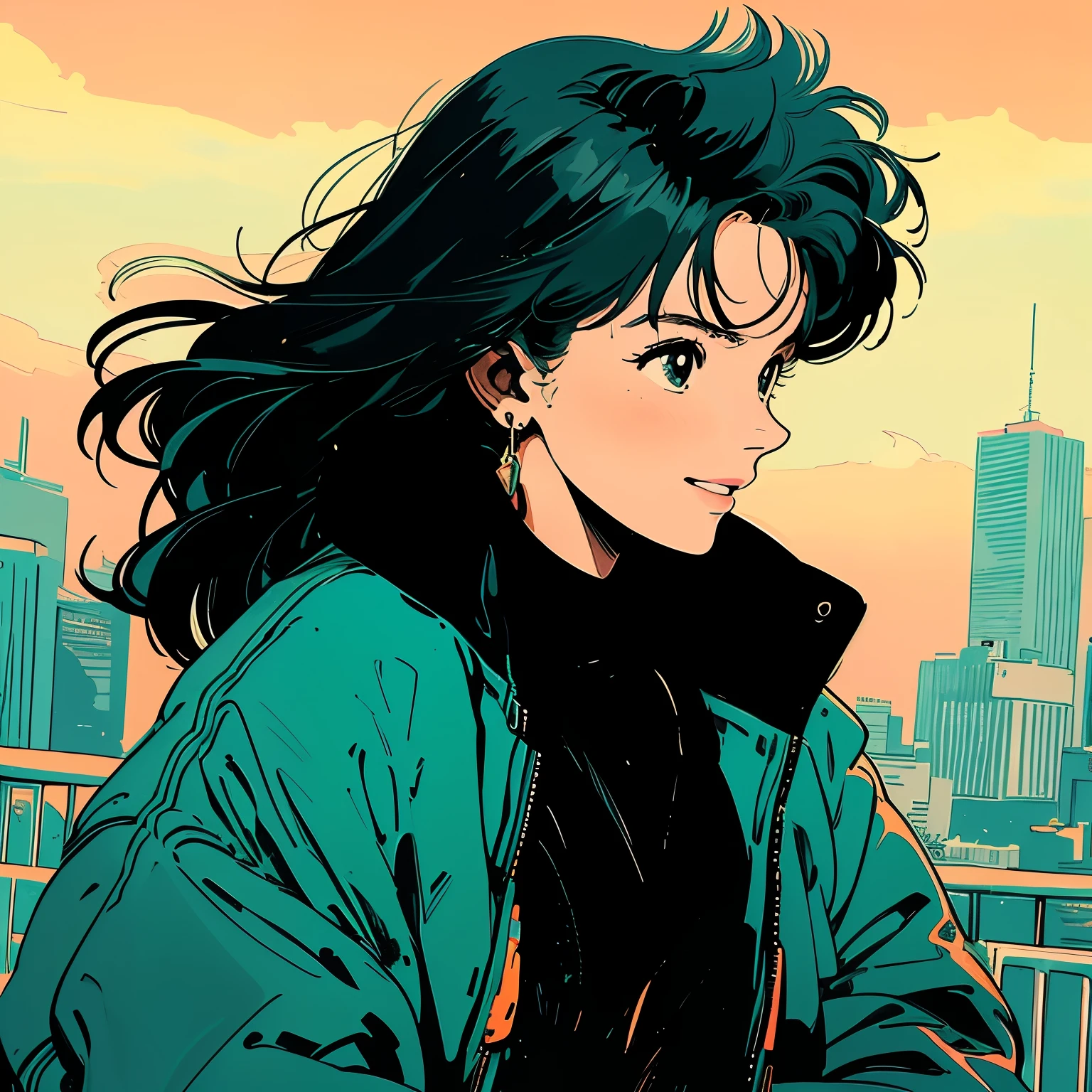 whole body, Upper Body、1 female, 4k, Warm colors , Black jacket、one piece, View the city from the rooftop, beautiful、profile, Complex background、Green Hair、smile