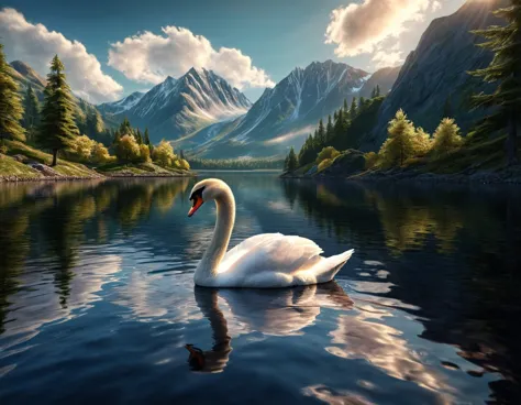 Reflective art.  Close-up A swan is reflected in a mountain lake. Sharp focus on the reflection of the swan . A magnificent land...