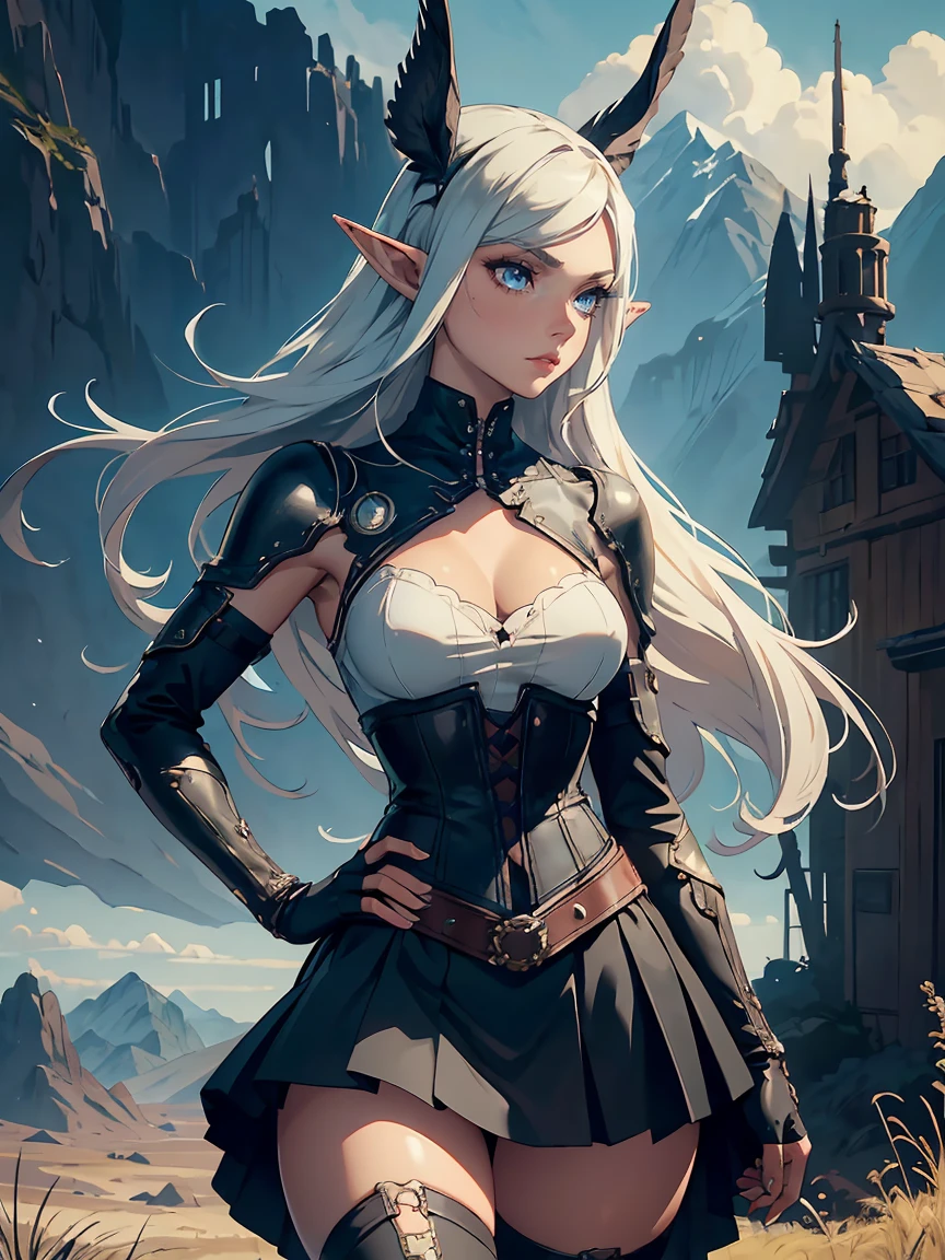 masterpiece, high quality, 1_woman, ((upper body)), ((hand on hip)), standing, (exotic skin_complexion:1.4), mature, (looking away from the viewer), (pouting face), tall, beautiful, exotic, with long elf ears, long hair, silver hair, detailed face, having diamond shaped eyes, blue eyes, (dark_eyeliner), long_eyelashes medium_bust, wearing fantasy corset, chest window, (black skirts), crossing belts, long fingerless_gloves, belts with metal gears, black thigh highs with embroidery, knee boots with laces, dynamic lighting casts detailed shadows, mountains in distance, walking path, grassy field, night sky, stars, 