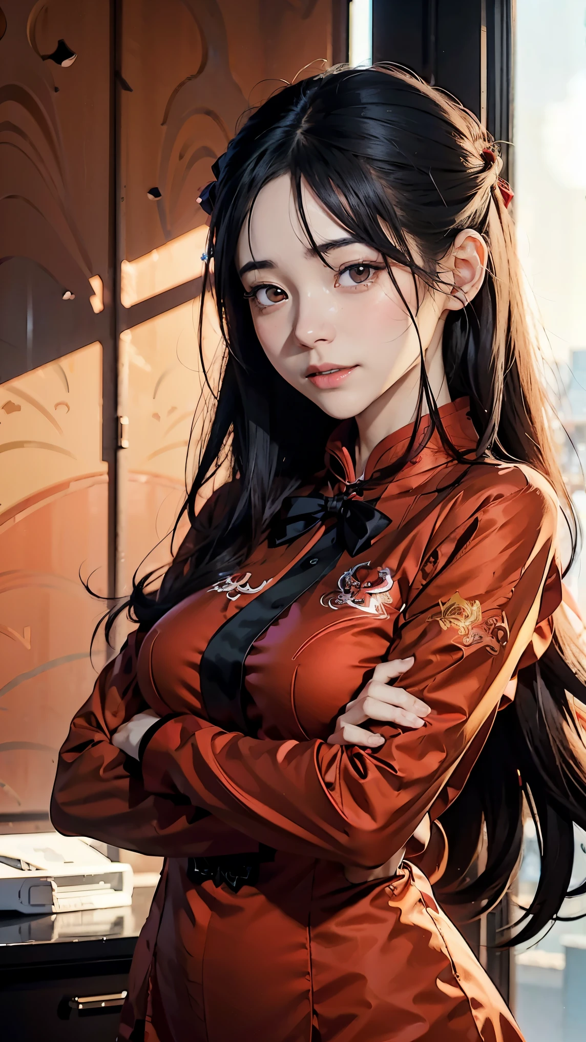 anime girl in red shirt and black tie posing for a picture, by Yang J, extremely detailed artgerm, rin tohsaka, artgerm jsc, artwork in the style of guweiz, beautiful digital artwork, artgerm. high detail, range murata and artgerm, style artgerm, ig model | artgerm