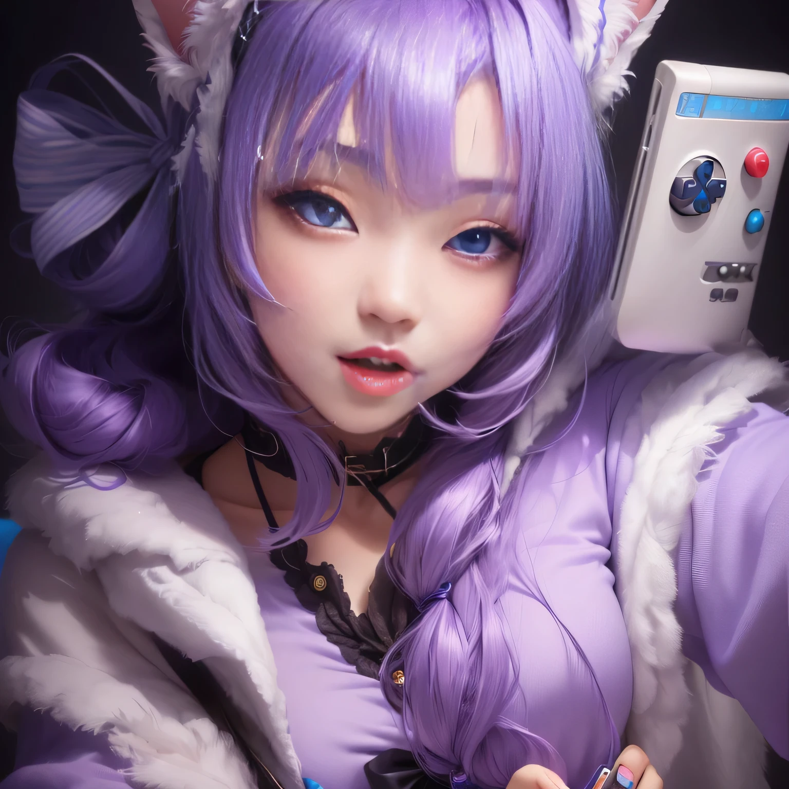 紫色のシャツを着た少女がWiiコントローラーを持っている, アヘ顔, kemonomimi, アヘ顔 face, anime girl コスプレ, shikamimi, anime コスプレ, コスプレ, 現実のアニメの女の子, ayaka コスプレ, 停留所4 *, sakimichan, 停留所4, ちほ, ナイネン玲奈 style 3/4