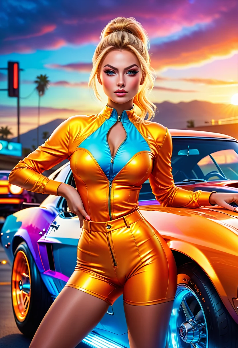 A young woman wearing (tight, fitted, snug) high cut booty shorts and cropped shirts stands between two (powerful, sleek) Muscle Cars to start a race, engine roaring, in the backdrop of a vibrant Sunset. (Best quality, 4k, highres, masterpiece:1.2), ultra-detailed, (realistic, photorealistic, photo-realistic:1.37) prompt, with (HDR, UHD) quality and (studio lighting, sharp focus), high ponytail, copper-blonde hair, large breasts, bright light, perfect eyes, skin blemish, detailed skin, full person, blacklight makeup,ambr1
